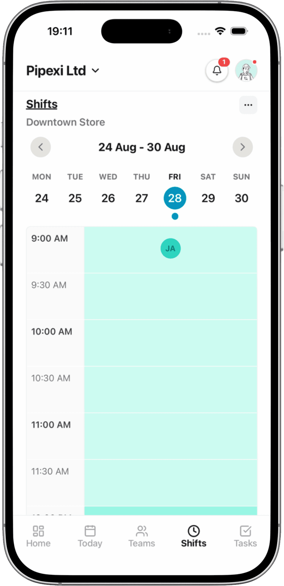 Pipexi iPhone app showing the weekly shift calendar