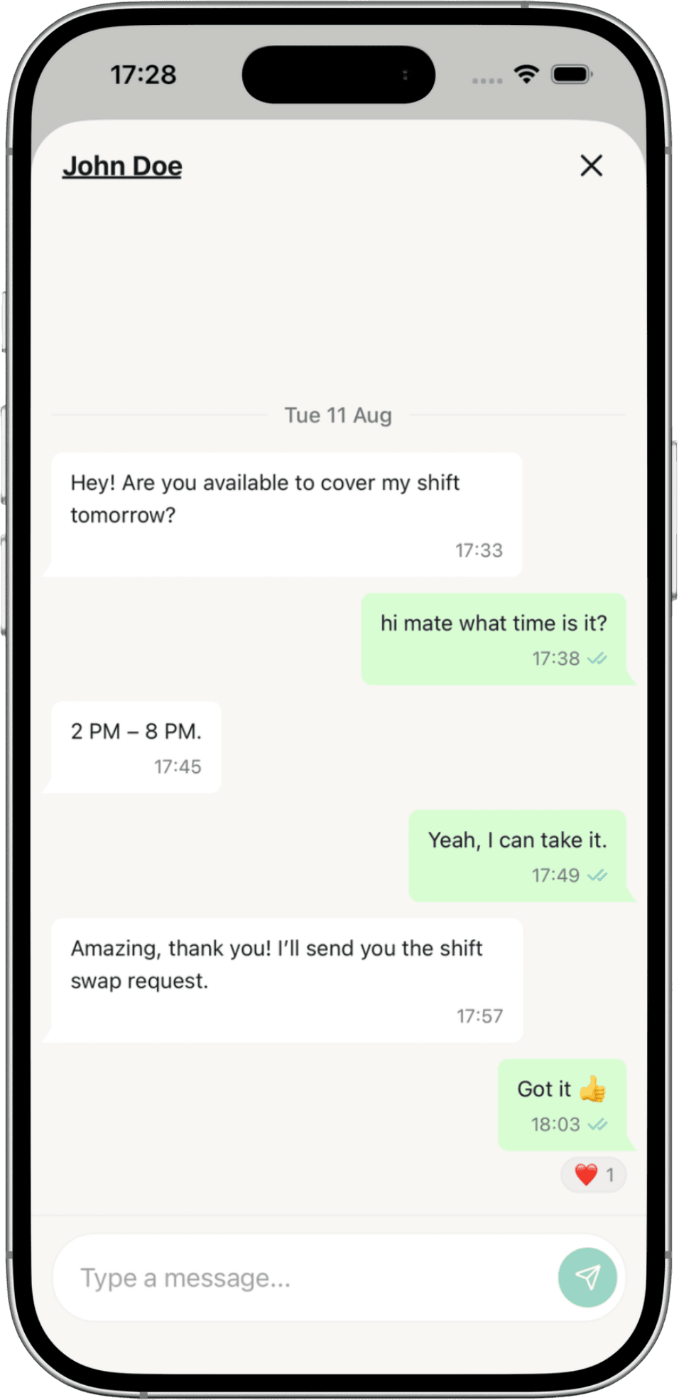 Pipexi iPhone app showing a real shift-cover conversation